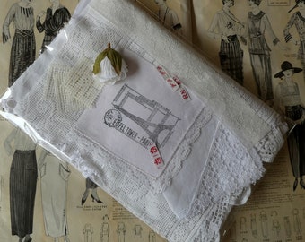 White vintage linen pieces inspiration pack, fabric junk journal and slow stitching pack