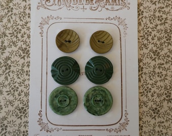 Six vintage green and tan art deco buttons, large two-hole buttons