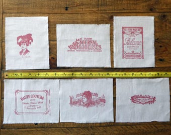 Pack of 6 hand stamped motifs, tattered patches, French theme, pack #3