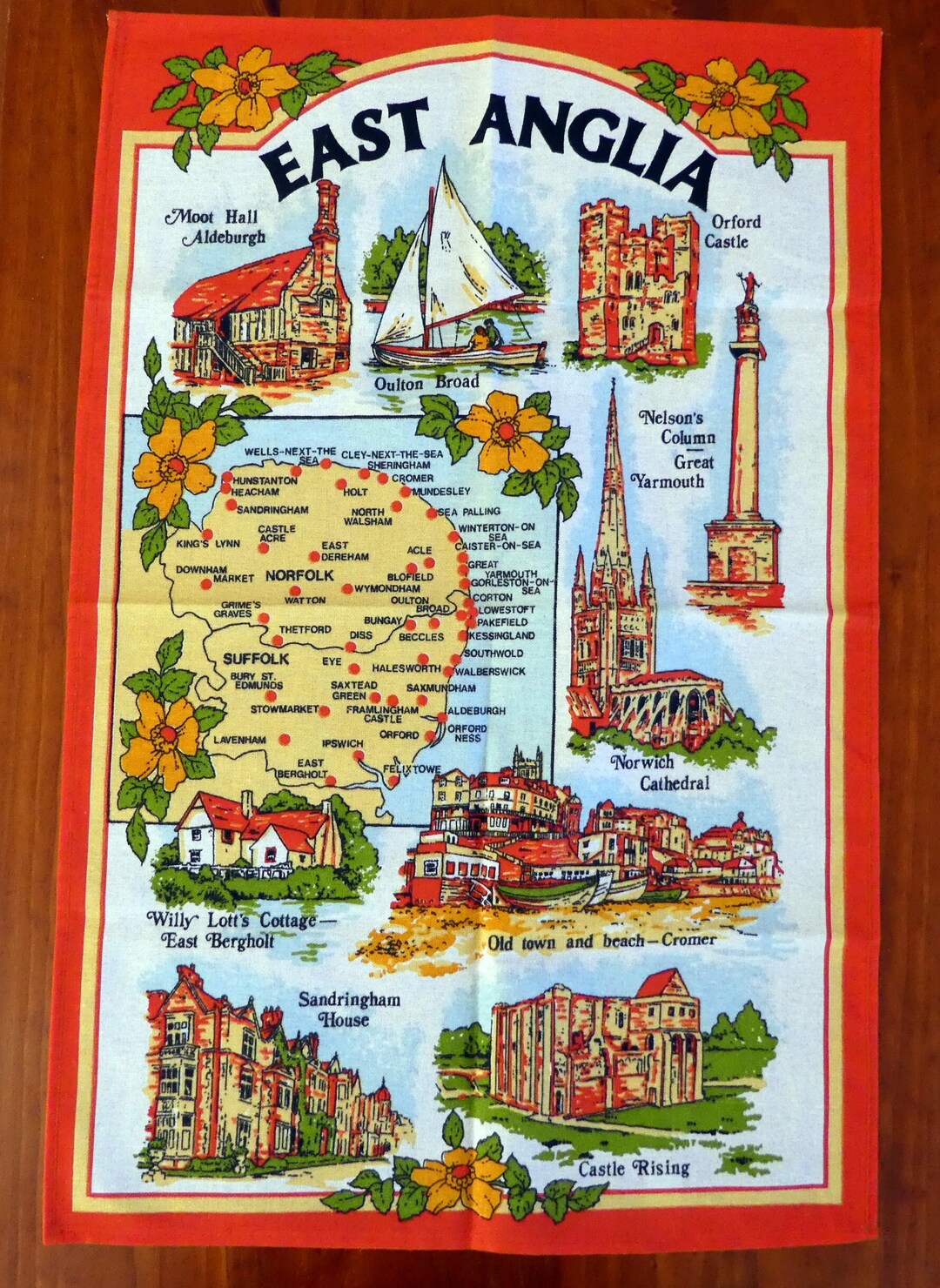 Vintage East Anglia England Map Tea Towel, Cotton Souvenir - Etsy