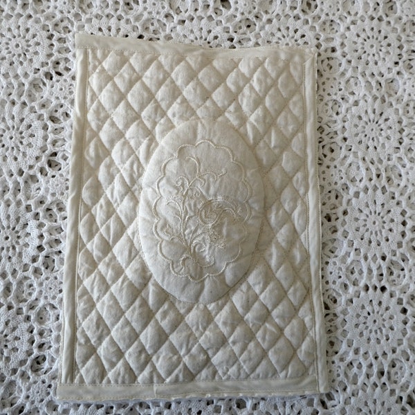Cream embroidered quilted fabric piece, quilt block