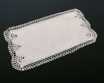 Vintage white crochet and linen sandwich tray doily