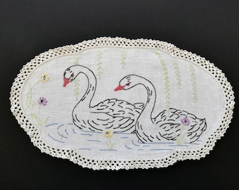 Vintage white linen table centre, swans doily