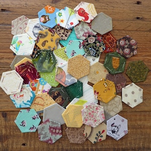 Hand tacked 1" hexies for craft, slow stitching, one inch hexagons