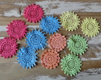 Bright crochet medallions 12 hand dyed small vintage doilies