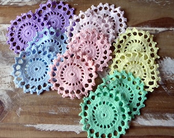 Yellow Pink Coral 30 Pack 4 inch Hand-Dyed Colored Lace Paper Doilies Party Event Table decor Crafts Lilac or Mint Choose from either Blue Normandy style design for Wedding Table Settings 