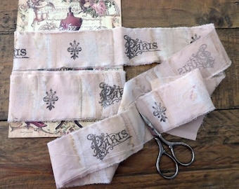 Hand Stamped Frayed Paris Ribbon, Fleur de Lis Cotton Trim