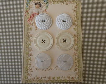 Seis botones art déco vintage en blanco y crema, botones grandes