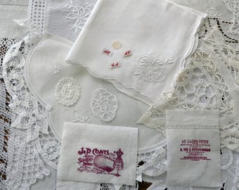 White vintage linen pieces inspiration pack, fabric junk journal and slow stitching pack