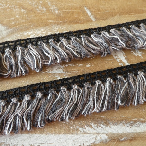 Vintage variegated grey fringed braid, passementerie, 2.5 cms wide, 20 metres +