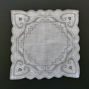 White embroidered cotton handkerchief, madeira embroidery