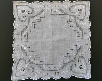 White embroidered cotton handkerchief, madeira embroidery