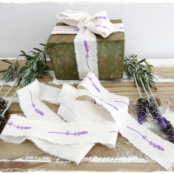 Hand stamped and frayed ribbon Lavender Flowers