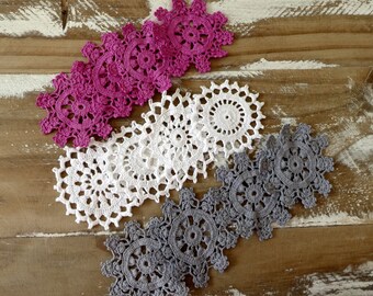 Pink, grey and white crochet medallions 12 hand dyed small vintage doilies