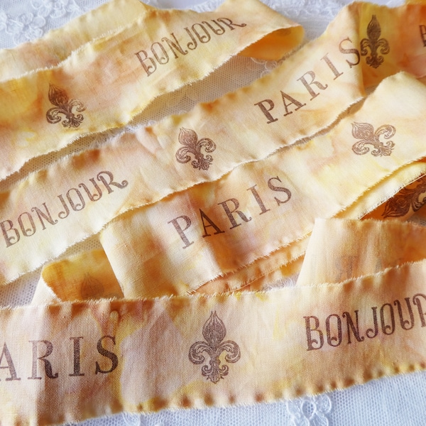 Hand stamped and frayed ribbon, fleur de lis ribbon, Paris ribbon