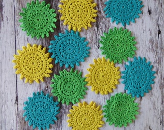 Yellow, turquoise and green crochet medallions 12 hand dyed small vintage doilies