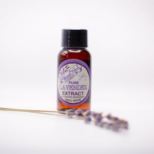 May include: A small brown glass bottle with a black cap, containing pure lavender extract. The bottle has a white label with the text "Wildwood Lavender" and "Pure Lavender Extract" in a vintage-style font. The label also includes the text "All Natural Ingredients" and "Yamhill, Oregon". A sprig of dried lavender is in the foreground.