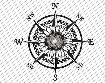 Op de afbeelding: Een zwart-wit grafisch ontwerp met een kompasroos gecentreerd met een zonnebloem. De kompaspunten zijn gelabeld met N, NE, E, SE, S, SW, W en NW. Het ontwerp staat tegen een achtergrond van diagonale lijnen binnen een rechthoekig kader, met de tekst SVGPAL in de rechterbenedenhoek.