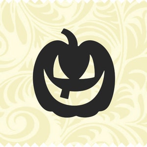 May include: A black jack-o'-lantern silhouette with a carved face, set against a cream-colored background with a floral pattern. The pumpkin has a stem and a wide, toothy grin, perfect for Halloween decorations.