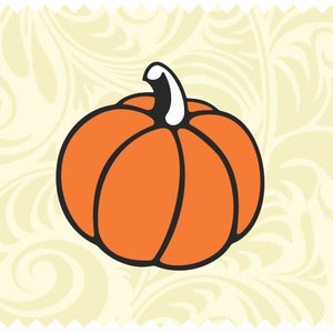 May include: An orange pumpkin illustration with black outlines and a white stem. The pumpkin is set against a cream-colored background with a repeating floral pattern. The image has a decorative, scalloped border.