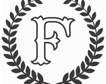 Letter F Encircled by Laurels wreath for Machine Embroidery, Machine Embroidery Fonts pes dst