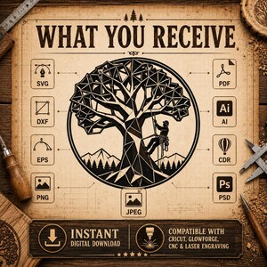 May include: A digital download graphic with the text "WHAT YOU RECEIVE" and file type icons. The central image is a geometric tree with a person climbing it. Includes file formats like SVG, PDF, and PNG. The bottom banner reads "INSTANT DIGITAL DOWNLOAD".