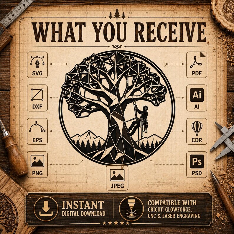 May include: A digital download graphic with the text "WHAT YOU RECEIVE" and file type icons. The central image is a geometric tree with a person climbing it. Includes file formats like SVG, PDF, and PNG. The bottom banner reads "INSTANT DIGITAL DOWNLOAD".
