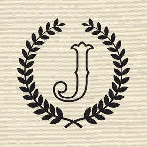 Letra J con corona de laurel, diseño Cricut SVG, clipart, monograma J SVG, cameo, elegante logotipo SVG, monograma para proyectos de bricolaje, corte láser J SVG