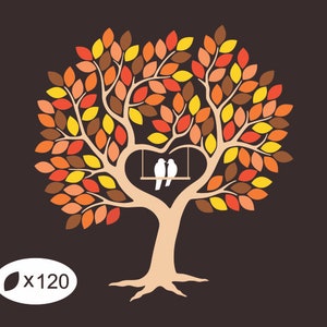 120 Leaves Wedding Guest book SVG Wedding Guest Book with Love Birds SVG Wedding Tree Clipart, Leafy Guestbook for 120 guests, Wedding dxf