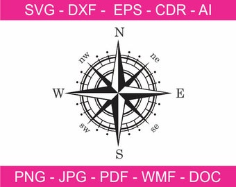 May include: A black and white compass rose design with directional indicators. The image includes the text "SVG - DXF - EPS - CDR - AI" at the top and "PNG - JPG - PDF - WMF - DOC" at the bottom, both on a pink background.