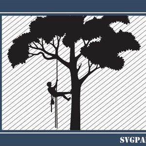 May include: Black silhouette of a tree climber ascending a tree with a rope and chainsaw. The image is set against a white background with diagonal lines, framed by a navy blue border. The text "SVGPAL" is in the bottom right corner.