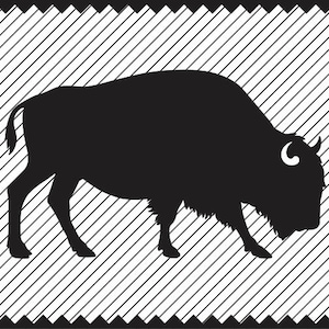May include: Black silhouette of a bison on a white and black striped background. The bison is facing left, with a curved horn visible. The image has a decorative, jagged border.
