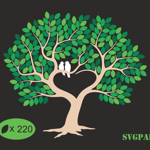 220 Leves Wedding Tree Guest Book SVG Wedding Tree Clipart, Leafy Guestbook for 220 guests, Tree with Birds svg Birds in Love png