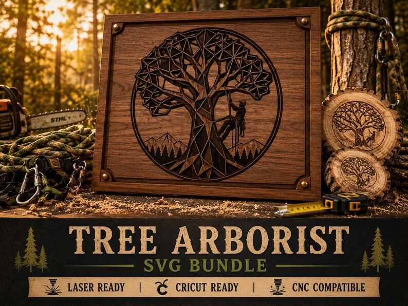 May include: A wooden plaque with a laser-cut tree design, featuring an arborist climbing. The plaque is framed with brass accents. The image also includes tree slices, a measuring tape, and the text "TREE ARBORIST SVG BUNDLE".