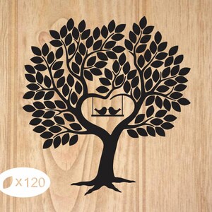 May include: Black tree silhouette with a heart-shaped opening, a swing with two birds, and leafy branches. The tree is set against a light wood grain background. The text "x120" is in the lower left corner.