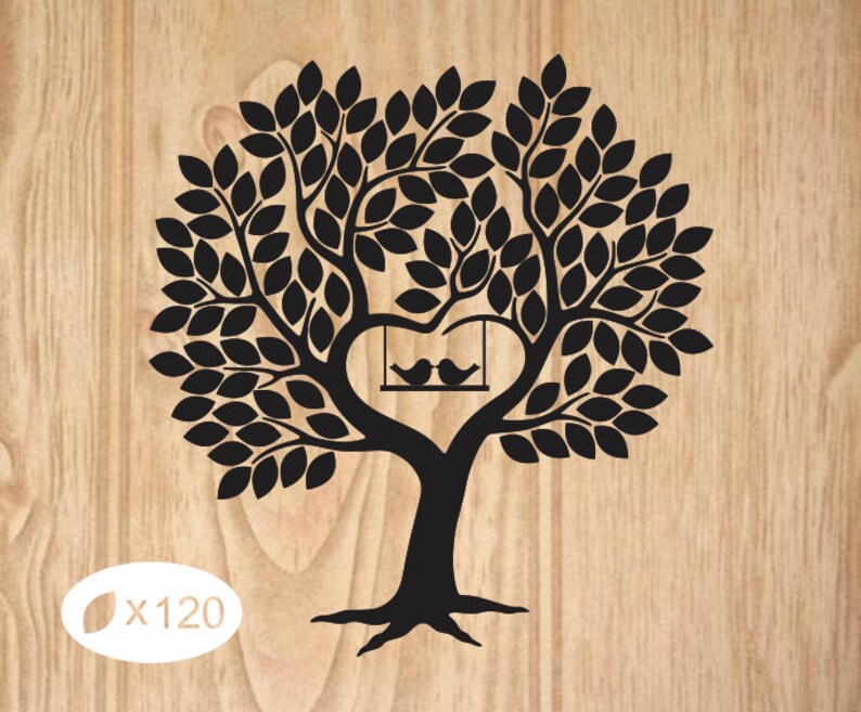 May include: Black tree silhouette with a heart-shaped opening, a swing with two birds, and leafy branches. The tree is set against a light wood grain background. The text "x120" is in the lower left corner.