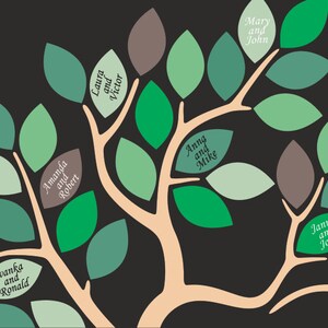 May include: A family tree illustration with a dark background. The tree has light brown branches and green leaves in various shades. Each leaf displays names, such as "Mary and John," in a stylized font. The overall design is simple and elegant.