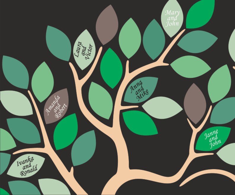 May include: A family tree illustration with a dark background. The tree has light brown branches and green leaves in various shades. Each leaf displays names, such as "Mary and John," in a stylized font. The overall design is simple and elegant.