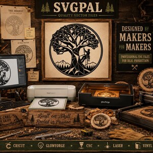 May include: A workshop scene featuring a tree design. The image includes a computer screen, a Cricut machine, and a laser cutter. The tree design is also displayed on wooden plaques and a framed print. The text "SVG PAL" and "Designed by Makers for Makers" are visible.