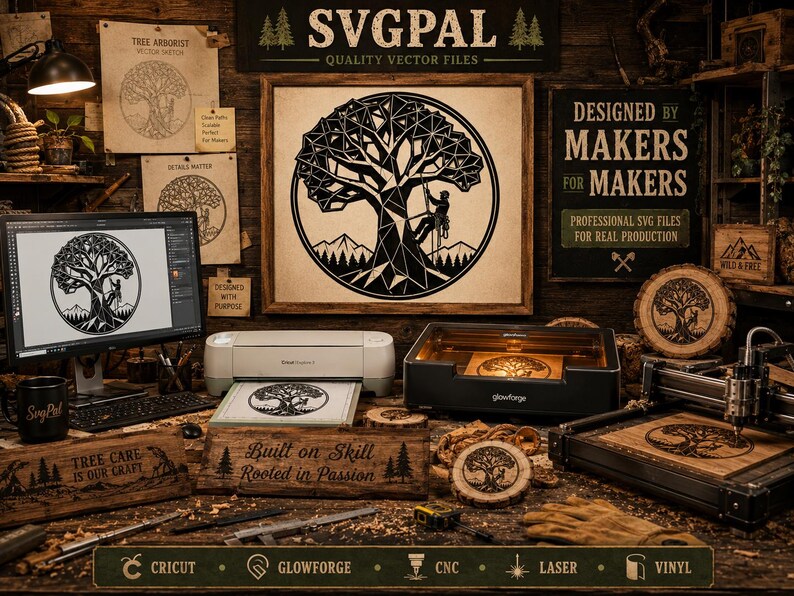 May include: A workshop scene featuring a tree design. The image includes a computer screen, a Cricut machine, and a laser cutter. The tree design is also displayed on wooden plaques and a framed print. The text "SVG PAL" and "Designed by Makers for Makers" are visible.