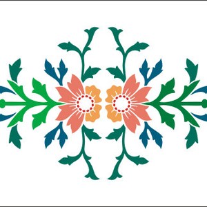 May include: A symmetrical floral design featuring two coral-colored flowers with orange centers and red dots. Green, teal, and dark green leaves and stems create a balanced, decorative pattern on a white background. This design is suitable for various craft projects.