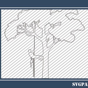 May include: Line art illustration of a person climbing a tree with a rope. The tree has a large trunk and branches with leaves. The background is a pattern of diagonal lines. The text "SVGPAL" is in the bottom right corner.
