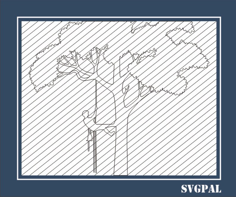 May include: Line art illustration of a person climbing a tree with a rope. The tree has a large trunk and branches with leaves. The background is a pattern of diagonal lines. The text "SVGPAL" is in the bottom right corner.