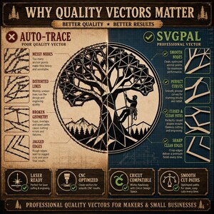 May include: An infographic titled "Why Quality Vectors Matter" compares poor quality auto-trace vectors with professional SVGPal vectors. The graphic highlights the benefits of smooth nodes, perfect curves, and clean paths for makers and small businesses.