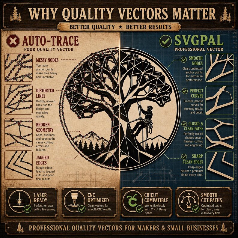May include: An infographic titled "Why Quality Vectors Matter" compares poor quality auto-trace vectors with professional SVGPal vectors. The graphic highlights the benefits of smooth nodes, perfect curves, and clean paths for makers and small businesses.
