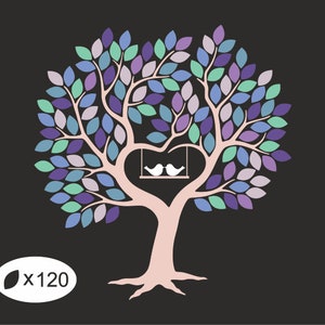 May include: A stylized tree illustration with a heart-shaped opening, a swing, and two white birds. The tree's leaves are in shades of blue, purple, and green. The trunk is light pink, and the background is dark gray. The image includes the text "x120".