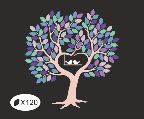 120 Leaves Wedding Tree Guest book SVG Wedding Guest Book with Love Birds SVG Wedding Tree Clipart, Leafy Guestbook for 120 guests