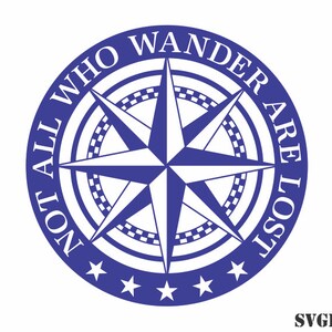 May include: A navy blue and white compass rose design with the text "NOT ALL WHO WANDER ARE LOST" in a circular arrangement. The design includes a star pattern around the outer edge.