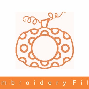 May include: An orange embroidery file design of a pumpkin with a stem and curly tendrils. The pumpkin has a circular center and is decorated with orange polka dots. The text "Embroidery File" is at the bottom.