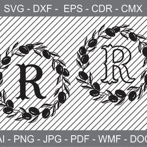 Buchstabe R mit Olivenkranz Cricut SVG Design Clipart Monogramm R svg Cameo Elegantes Logo SVG Monogramm für DIY-Projekte Laserschneiden R svg